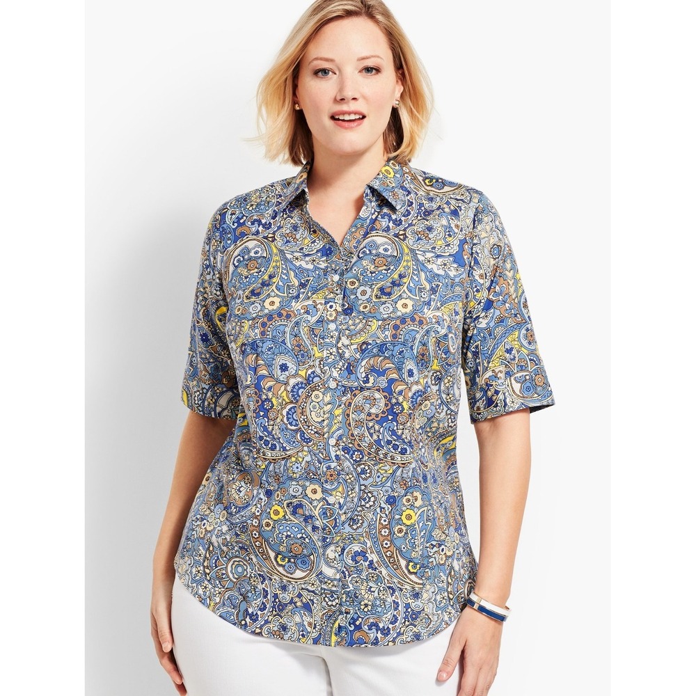Talbots Blue Yellow Paisley Cotton Non‎ Iron Shirt Size 16 Preppy Chic Classic